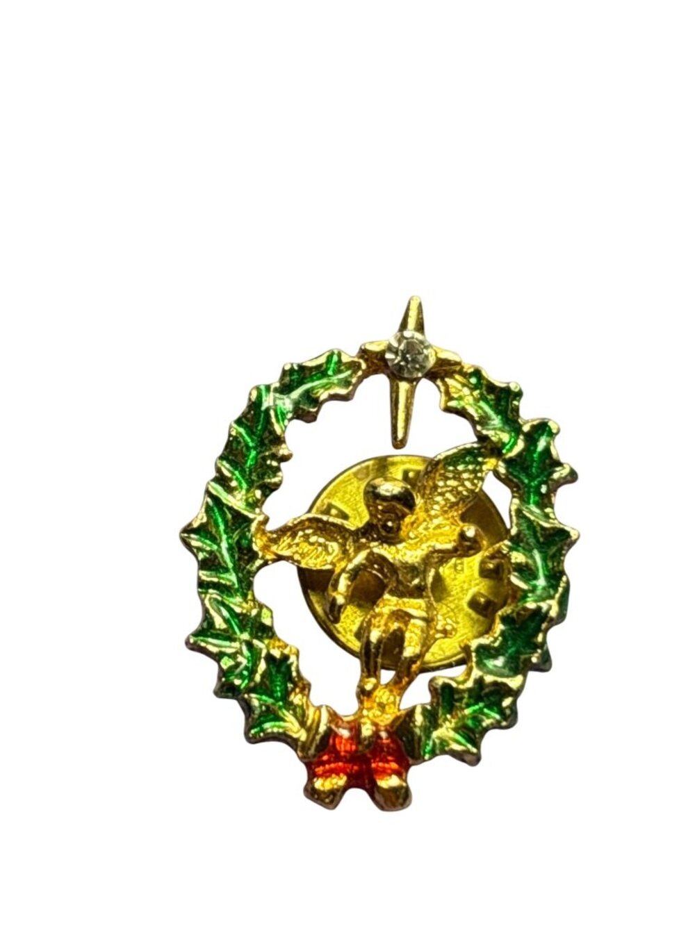 Vtg Christmas Wreath Angel Lapel Tack Pin Goldtone Green Red Enamel Rhinestone